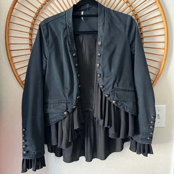 Free People Ruffles Romance Military Boho Chic Feminine Blazer Jacket Sz XS - Picture 1 of 9